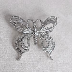 Silver-Tone Butterfly Brooch Vintage Crystal Openwork Statement Piece